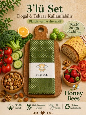 Home Doğal Tekrar Kullanılabilen Streç Film Alternatifi Balmumu Saklama Bez Seti 3'lü
