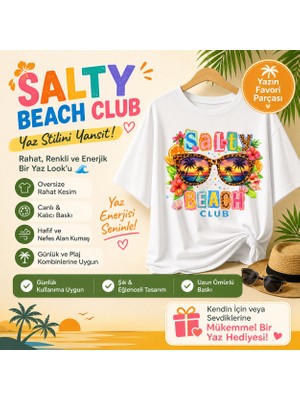 Tişört Kodu Salty Beach Club Oversize Kadın Tişört – Yaz Temalı Renkli Grafik T-Shirt