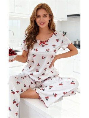 NiCe İç Giyim Kadın Kiraz Desenli Rahat Kadın Pijama Takımı Mevsimlik Saten Görünüm