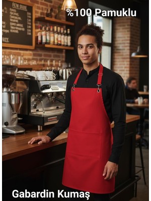 Mutlu Gym Gabardin Kumaş % 100 Pamuk Garson – Barista – Şef Önlüğü_kırmızı Mutfak Önlüğü