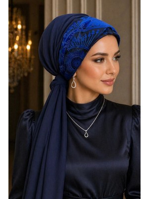Aişe Tesettür Lacivert Saks Mavi Abiye Tokalı Bone / Hazır Duvak