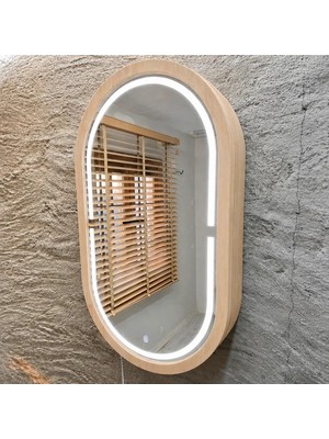Aypars Atölye 30X53X12 cm 6500K Beyaz Işıklı LED Dimmable Banyo Aynası Dolaplı – Modern Duvar Tipi Oval Tasarım (Kayın)