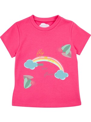Bubuga Kız Çocuk %100 Pamuk Fuşya Gökkuşağı Baskılı Kısa Kol Tshirt