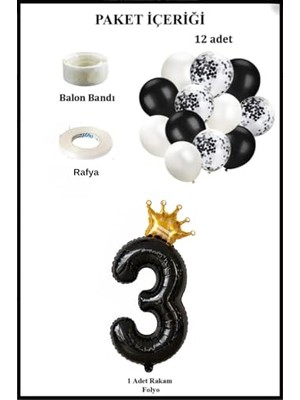 MarkEntegra Siyah Folyo Balon, Kral Tacı ve Konfetili Siyah Balon Set (3)