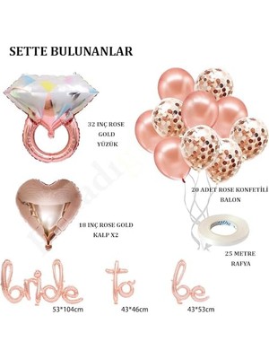 MarkEntegra Patladı Gitti Bride To Be El Yazısı, Tek Taş Yüzük ve Kalp Folyo Balonlu Rose Gold Set