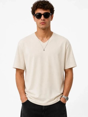 Defy Moda Erkek V Yaka Basic Tişört Kısa Kol Yazlık Regular Fit T-Shirt - Bej