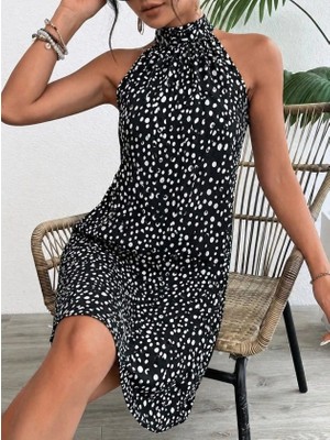 Defy Moda Kadın Kolsuz Boyundan Askılı Desenli Midi Süprem Elbise