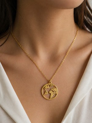 Herşey Nota Dünya Haritası Gold Renk Kolye Unisex Hediye 60 cm Zincir