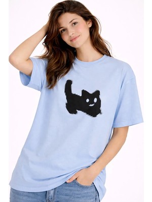 Nevermind Unisex Oversize Tişört Kedi Baskılı Minimal Tasarım %100 Pamuk