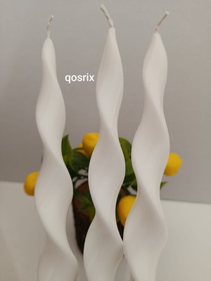 Qosrix 3'lü Beyaz Burgulu Şamdan Soya Mumu Doğal Kokulu Uzun Çubuk Konik Burgu Spiral Mum Dekoratif
