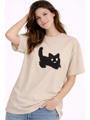 Nevermind Unisex Oversize Tişört Kedi Baskılı Minimal Tasarım %100 Pamuk