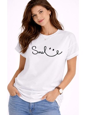 Nevermind Unisex Tişört Smile Baskılı Basic Oversize Günlük Rahat %100