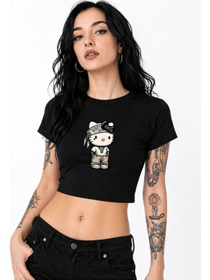 Nevermind Kadın Baby Tee Crop Tişört Bandanalı Kedi Baskılı Street Style Slim Fit %100 Pamuk