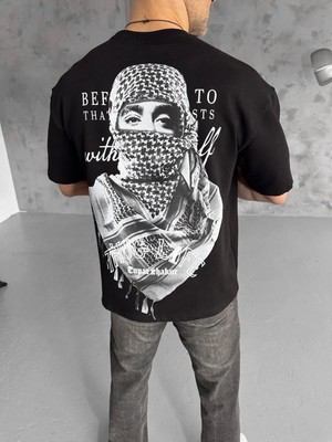 Marsilyan Baskılı Oversize T-Shirt - Siyah -