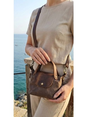 Galande Hakiki Deri & Kanvas Mini Tote Çanta
