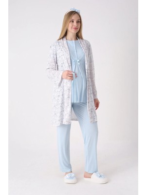 Erdeniz Tekstil Desenli Sabahlık ve Düğmeli Yaka Detaylı Hamile Pijama ve Sabahlıklı Penye Pamuk Pijama Takımı
