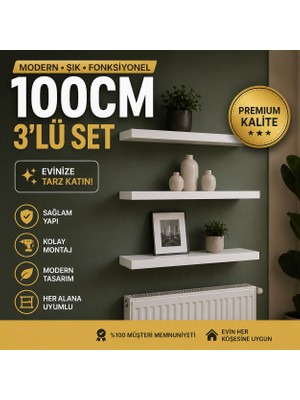 Vardar 3’lü Beyaz Duvar Rafı 100 cm Dekoratif Modern Raf Seti Kitaplık Raf