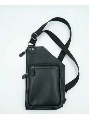 Galande Hakiki Deri Fonksiyonel Body Bag - Çok Bölmeli Siyah Çapraz Çanta