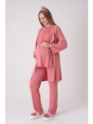 Erdeniz Tekstil Yeni Sezon Modern,rahat ve Şık Hamile - Lohusa Pijama Sabahlık Takımı Dokulu Kuşaklı Şal Yaka Güpürlü Düğmeli Emzirme 3'lü Hamile Set