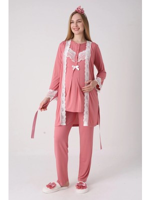 Erdeniz Tekstil Yeni Sezon Modern,rahat ve Şık Hamile - Lohusa Pijama Sabahlık Takımı Dantelli Fırfırlı Düğmeli Emzirme Pamuklu 3'lü Hamile Set