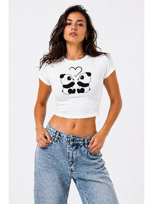 Nevermind Kadın Baby Tee Crop Tişört Sevimli Panda Baskılı Slim Fit %100 Pamuk Trend