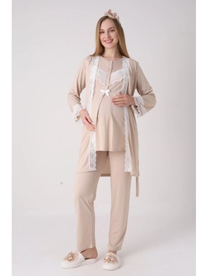 Erdeniz Tekstil Yeni Sezon Modern,rahat ve Şık Hamile - Lohusa Pijama Sabahlık Takımı Dantelli Fırfırlı Düğmeli Emzirme Pamuklu 3'lü Hamile Set