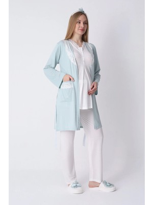 Erdeniz Tekstil Yeni Sezon Modern,rahat ve Şık Hamile - Lohusa Pijama Sabahlık 3'lü Takım Dantel Yakalı Cepli Düğmeli Emzirme Pamuk Viskon Hamile Pijama