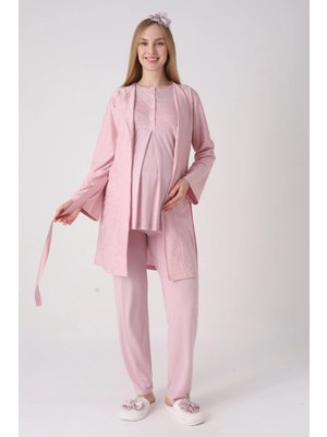Erdeniz Tekstil Yeni Sezon Modern,rahat ve Şık Hamile - Lohusa Pijama Sabahlık Takımı Jakarlı Hırka Dantel Işlemeli Düğmeli Emzirme Pamuklu 3'lü Set