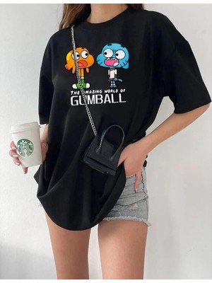 Marsilyan Bisiklet Yaka Baskılı Oversize T-Shirt - Siyah -