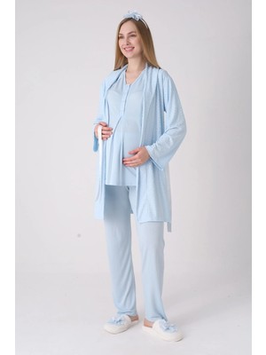 Erdeniz Tekstil Yeni Sezon Modern,rahat ve Şık Hamile - Lohusa Pijama Sabahlık Takımı Jakarlı Şal Yakalı Dantel Panelli Düğmeli Emzirme 3'lü Set