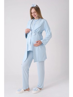 Erdeniz Tekstil Yeni Sezon Modern,rahat ve Şık Hamile - Lohusa Pijama Sabahlık Takımı Dokulu Kuşaklı Şal Yaka Güpürlü Düğmeli Emzirme 3'lü Hamile Set