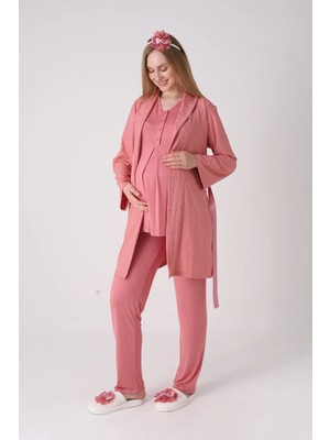 Erdeniz Tekstil Yeni Sezon Modern,rahat ve Şık Hamile - Lohusa Pijama Sabahlık Takımı Jakarlı Şal Yakalı Dantel Panelli Düğmeli Emzirme 3'lü Set