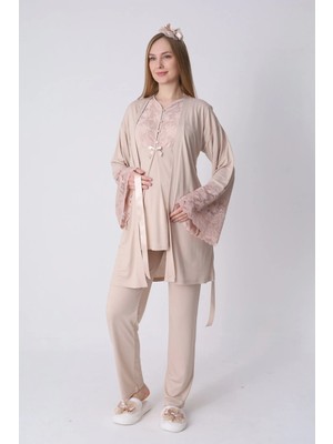 Erdeniz Tekstil Yeni Sezon Modern Rahat ve Şık Hamile -Lohusa- Geniş Dantel Kollu Sabahlık ve 3’lü Emzirme Pijama Seti