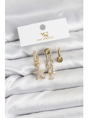 Renas Store Pirinç Gold Renk Zirkon Taşlı Yıldız Model Ysx Trio Küpe Seti - TJ-BKP11562