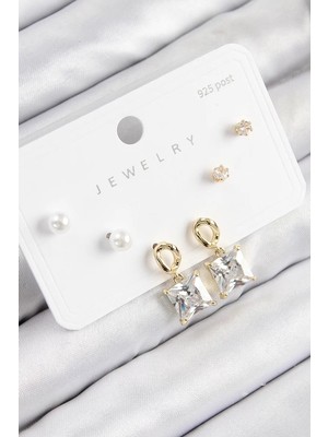 Renas Store Pirinç Zirkon Taşlı Sallantılı Kare Model Gold Renk 925 Ayar Gümüş Çivi Kadın Küpe Set - TJ-BKP1116