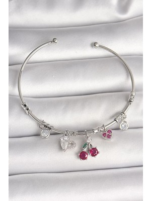 Renas Store Pirinç Gümüş Renk Sallantı Kiraz Figür Detay Charm Kadın Bileklik - TJ-BB6901