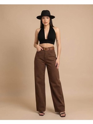 Kadın Kahverengi Palazzo Denim Pantolon