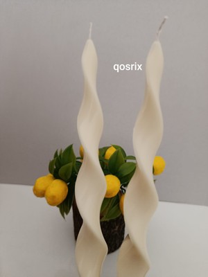 Qosrix 2'li Açık Krem Burgulu Şamdan Soya Mumu Doğal Kokulu Uzun Çubuk Konik Burgu Spiral Mum Dekoratif