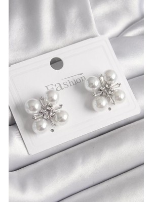 Renas Store Pirinç Gümüş Renk Zirkon Taşlı Incili Kadın Küpe - TJ-BKP9948