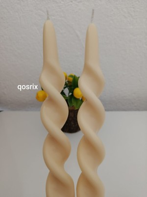 Qosrix 2'li Krem Burgulu Şamdan Soya Mumu Doğal Kokulu Uzun Çubuk Konik Burgu Spiral Mum Dekoratif