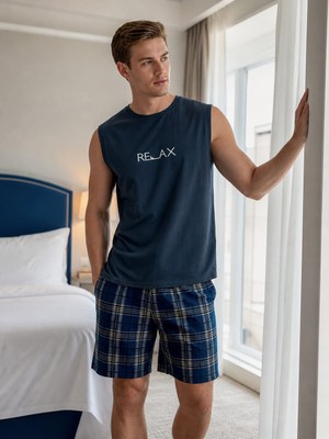 Arc Poylin Erkek %100 Pamuklu Compakt Penye Indigo Relax Baskılı Şortlu Pijama Takımı-Nefes Alan Pamuklu Kumaş