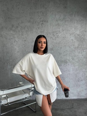 Marsilyan Düz Biskilet Yaka oversize T-Shirt - Beyaz -