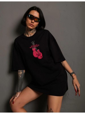 Marsilyan Bisiklet Yaka Baskılı Oversize T-Shirt - Siyah -