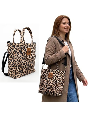 Woodycord El Yapımı Leopar Desenli Gabardin Omuz ve El Çantası