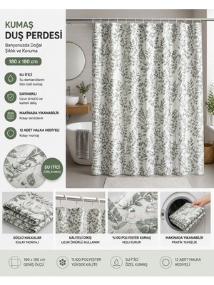 Generic Yaprak Desenli Kumaş Duş Perdesi – Su Itici %100 Polyester
