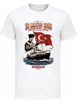 Efendioğlu Design Kısa Kol Gençlik Bayramı 19 Mayıs 1919 Baskılı Atatürk ve Bandırma Vapuru Baskılı Çocuk T-Shirt