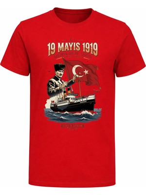 Efendioğlu Design Gençlik Bayramı 19 Mayıs 1919 Baskılı Atatürk ve Bandırma Vapuru Baskılı T-Shirt