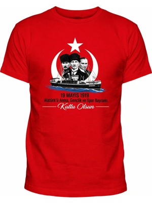 Efendioğlu Design Bandırma Gemisi ve Atatürk 19 Mayıs 1919 Baskılı Pamuklu T-Shirt