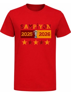 Efendioğlu Design Sarı Kırmızı Şampiyon 5 Yıldız Yazılı Pamuklu Yetişkin T-Shirt