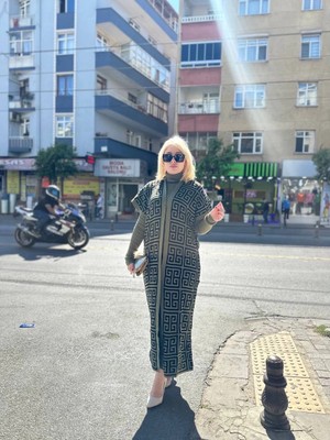 Sb Shopping Siyah Çizgi Desenli Elbiseli Hırka Triko Takım Haki